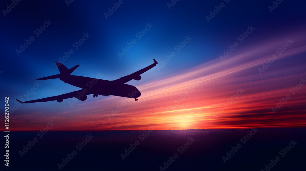 Fototapeta premium Commercial airplane soaring through a vibrant morning sky with the golden hues of sunrise creating a breathtaking backdrop.