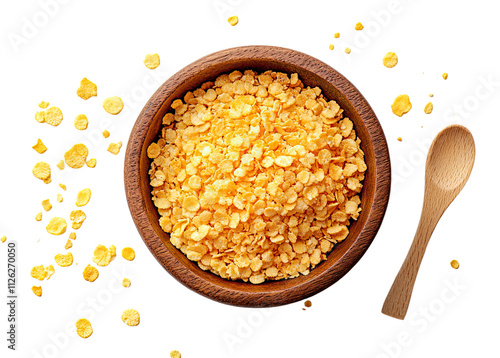 Top view of corn flakes in a bowl with a spoon.
