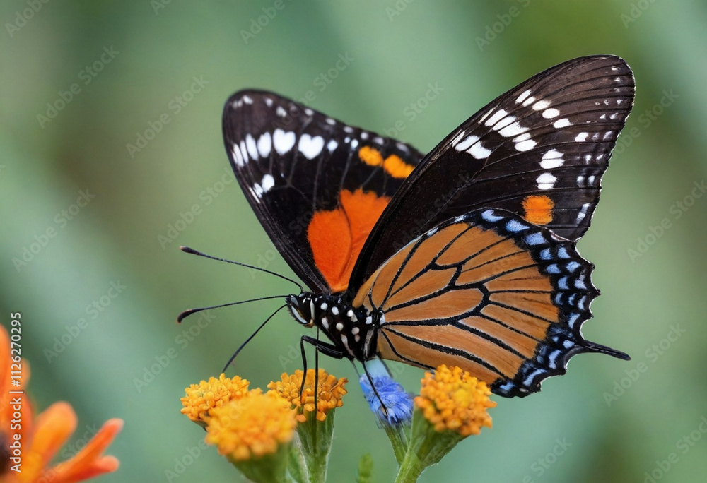 Monarch butterfly, vibrant orange wings, black veins, white spots, yellow flowers, green leaves, soft focus background, macro photography, detailed wings, nature close-up, delicate insect, pollinator, Monarch butterfly, vibrant orange wings, black veins, white spots, yellow flowers, green leaves, soft focus background, macro photography, detailed wings, nature close-up, delicate insect, pollinator,