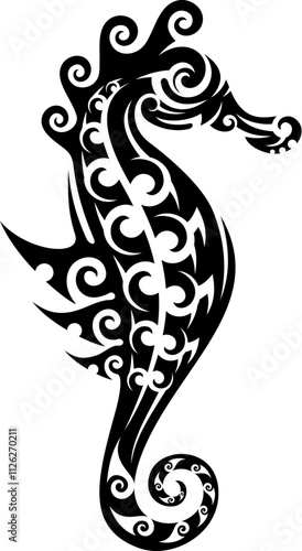 Maori tribal seahorse animal tattoo featuring flowing curves and swirls. Isolated vector black ink sea hippocampus shape combines both cultural symbolism and marine elegance for body art or decoration
