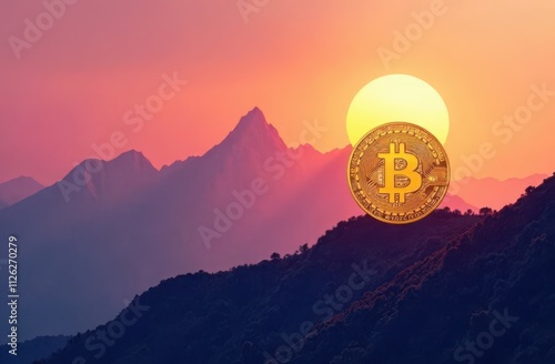 A golden Bitcoin coin rising like the sun over a mountain range in a serene landscape photo