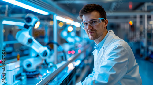 A man in a lab coat and goggles working on a machine