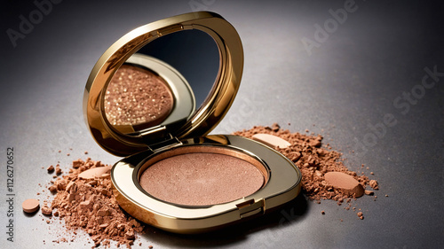 Open bronze compact with mirror and scattered powder, elegantly set on a dark textured backdrop with lighting.