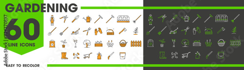 Farming and gardening line icons vector set includes tools, plants, gardening equipment, and symbols like shovel, rake, tree or seed. Pot, fence, boots, sprayer and wheelbarrow, gloves or watering can
