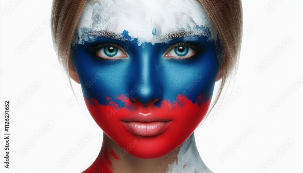 Woman with Russian flag face paint, symbolizing national pride and artistic expression Woman with Russian flag face paint, symbolizing national pride and artistic expression