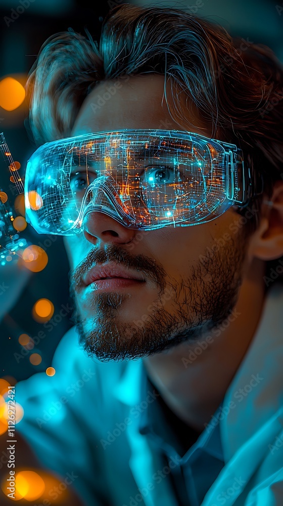 Scientist Views Data via Futuristic Goggles Scientist Views Data via Futuristic Goggles