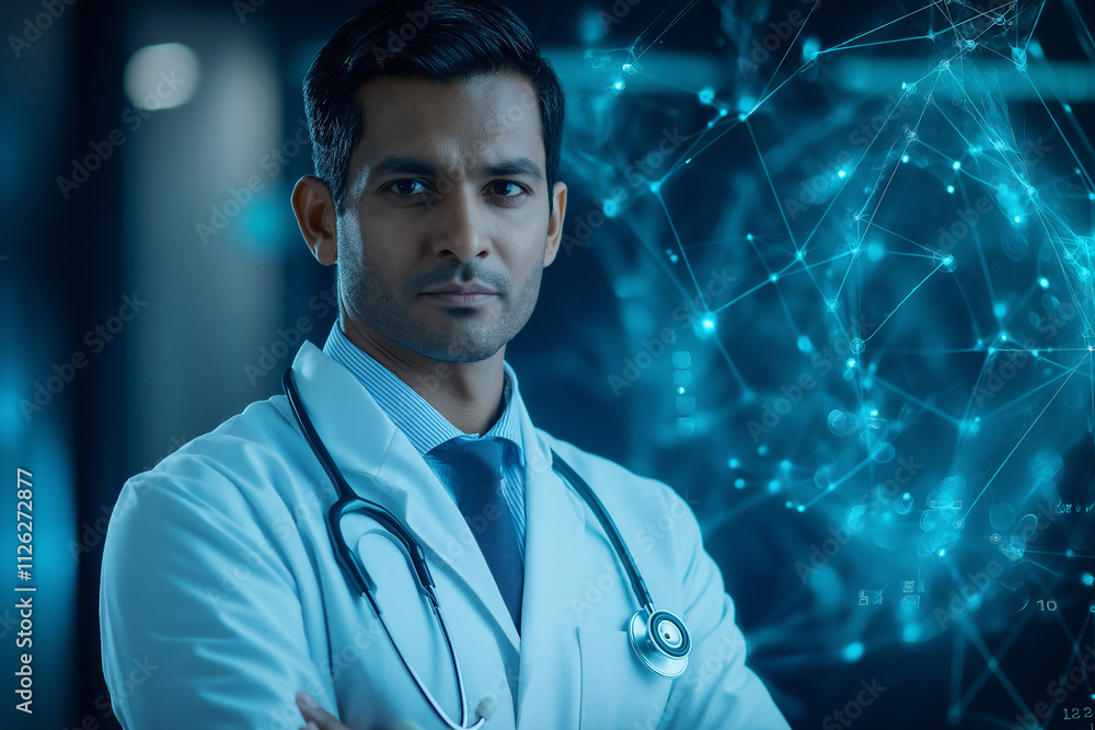 Doctor standing confidently in a modern hospital with digital health displays. Generative AI Doctor standing confidently in a modern hospital with digital health displays. Generative AI