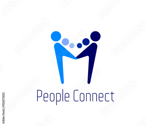 Community or teamwork connect people together icon, union and family vector emblem with two stylized human figures in blue color hues, holding hands, symbolize unity, partnership, contact and support
