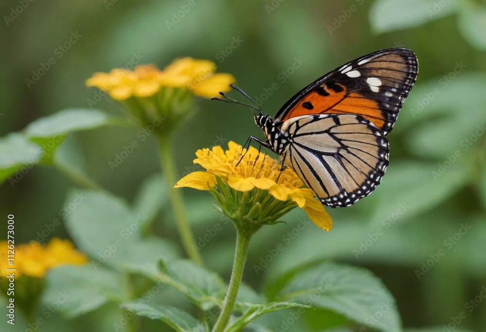 Monarch butterfly, vibrant orange wings, black veins, white spots, yellow flowers, green leaves, soft focus background, macro photography, detailed wings, nature close-up, delicate insect, pollinator, Monarch butterfly, vibrant orange wings, black veins, white spots, yellow flowers, green leaves, soft focus background, macro photography, detailed wings, nature close-up, delicate insect, pollinator,