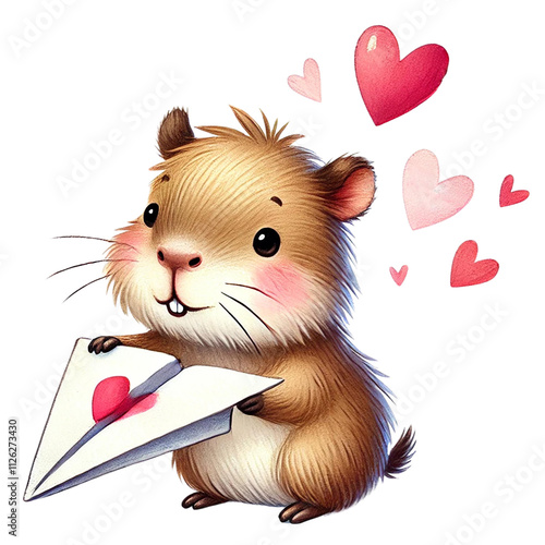 A cute capybara holding a love letter with hearts around it. Animal cartoon character.