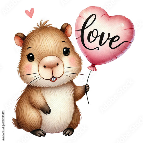 A cute capybara holding a love balloon, perfect for Valentine's Day. Animal cartoon character.