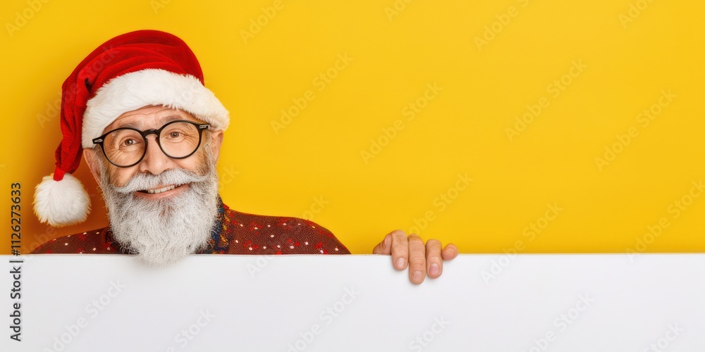 Joyful elderly man with a cozy beard wearing a festive Santa hat, smiling and peeking over a blank white sign against a bright yellow background, celebrating the Christmas spirit. Joyful elderly man with a cozy beard wearing a festive Santa hat, smiling and peeking over a blank white sign against a bright yellow background, celebrating the Christmas spirit.