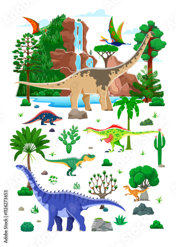 Prehistoric dinosaur characters set in lush landscape with waterfalls and abundant greenery. Cartoon vector dino species tapejara, paralititan, quetzalcoatlus, hypselosaurus, velociraptor, allosaurus