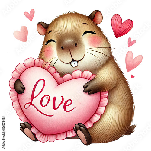 Cute cartoon capybara embracing a heart with love symbols around. Animal cartoon character.