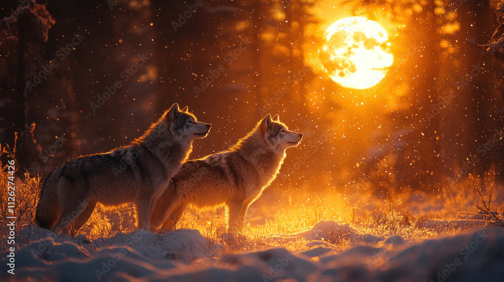 A pack of wolves moving silently through a snowy forest under moonlight