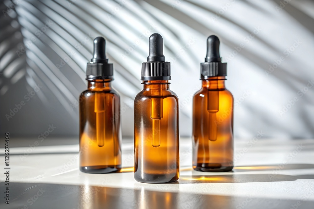Three amber glass dropper bottles with blank white labels and black caps resting on a white surface, casting plant shadows in a serene setting for essential oils and wellness products Three amber glass dropper bottles with blank white labels and black caps resting on a white surface, casting plant shadows in a serene setting for essential oils and wellness products