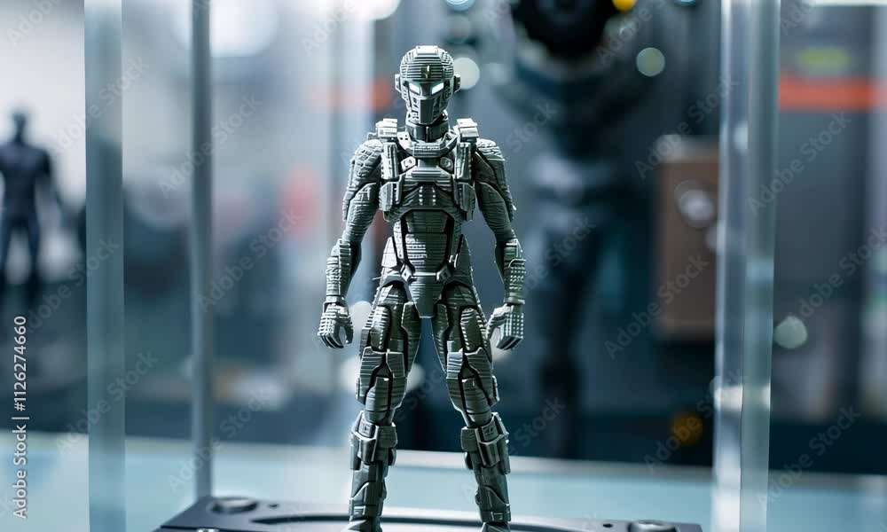 Detailed miniature robot action figure stands on platform Detailed miniature robot action figure stands on platform