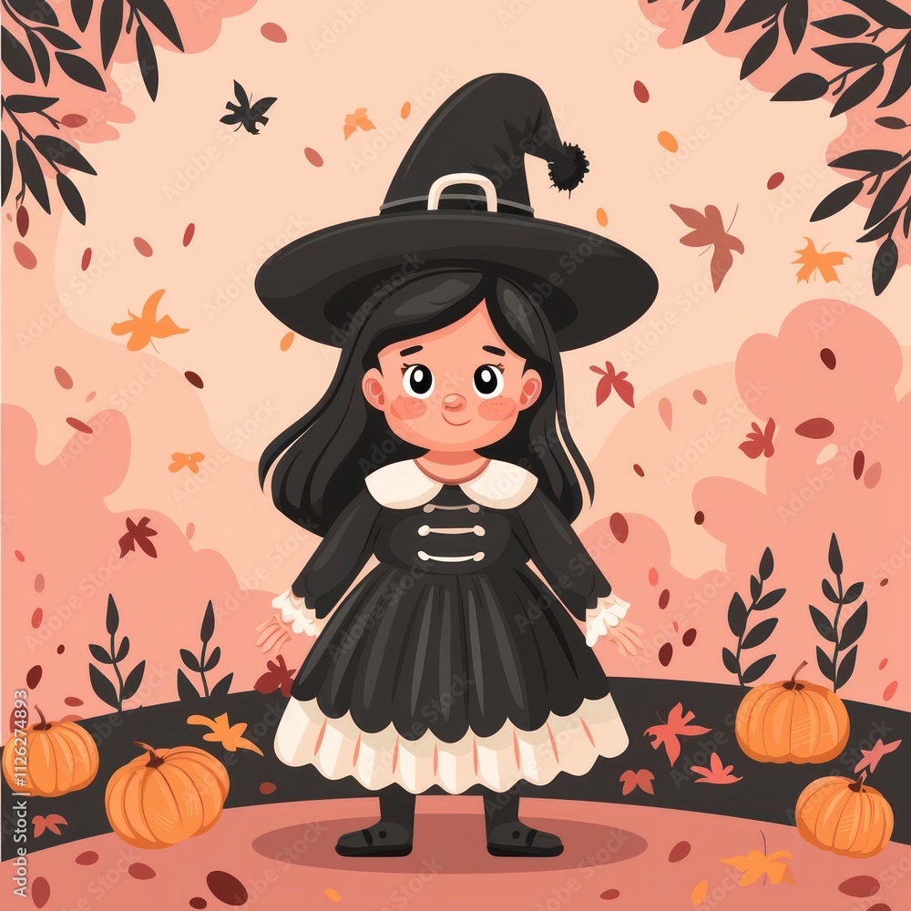 Cartoon Halloween Girl in Witch Costume Surrounded by Autumn Leaves, Pumpkins, and a Magical Atmosphere for Halloween Celebration or Fall Festivities Cartoon Halloween Girl in Witch Costume Surrounded by Autumn Leaves, Pumpkins, and a Magical Atmosphere for Halloween Celebration or Fall Festivities