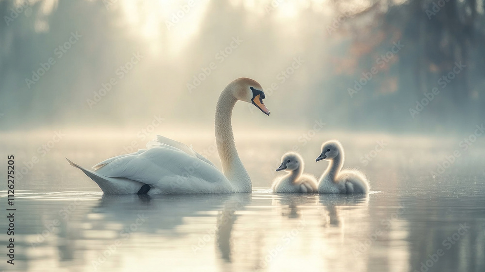 Fototapeta premium A pair of swans with their cygnets swimming peacefully in a pond