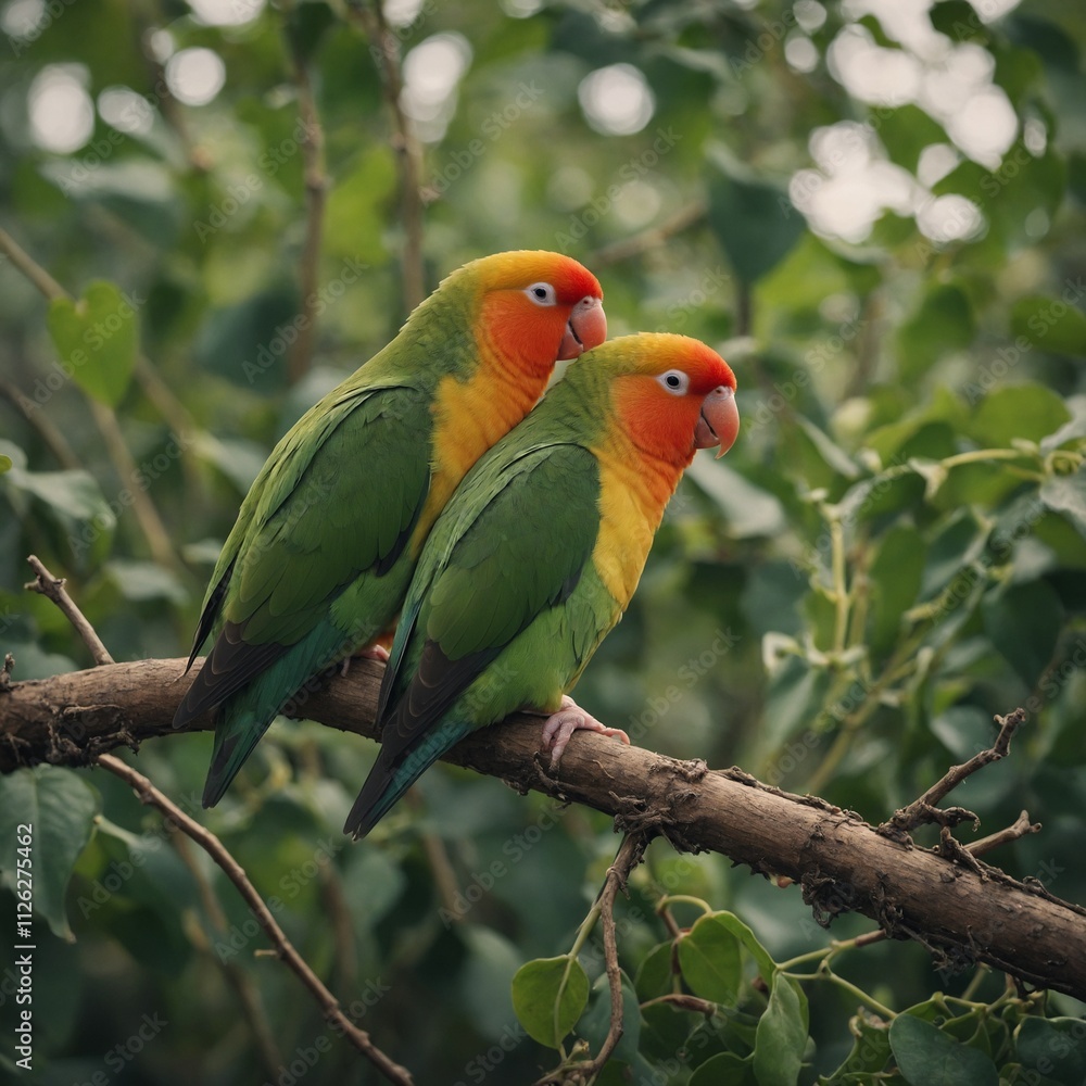 A lovebird pair sitting together on a vine. A lovebird pair sitting together on a vine.