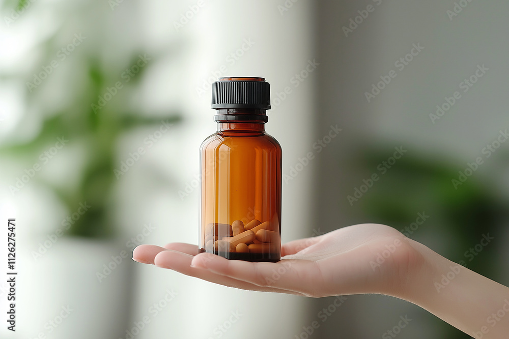 Brown glass bottle with dietary supplements in hand against a green backdrop. Generative AI Brown glass bottle with dietary supplements in hand against a green backdrop. Generative AI