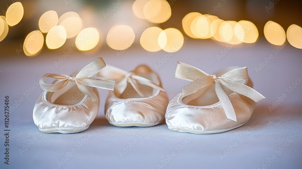 Elegant satin baby shoes, festive bokeh background Elegant satin baby shoes, festive bokeh background