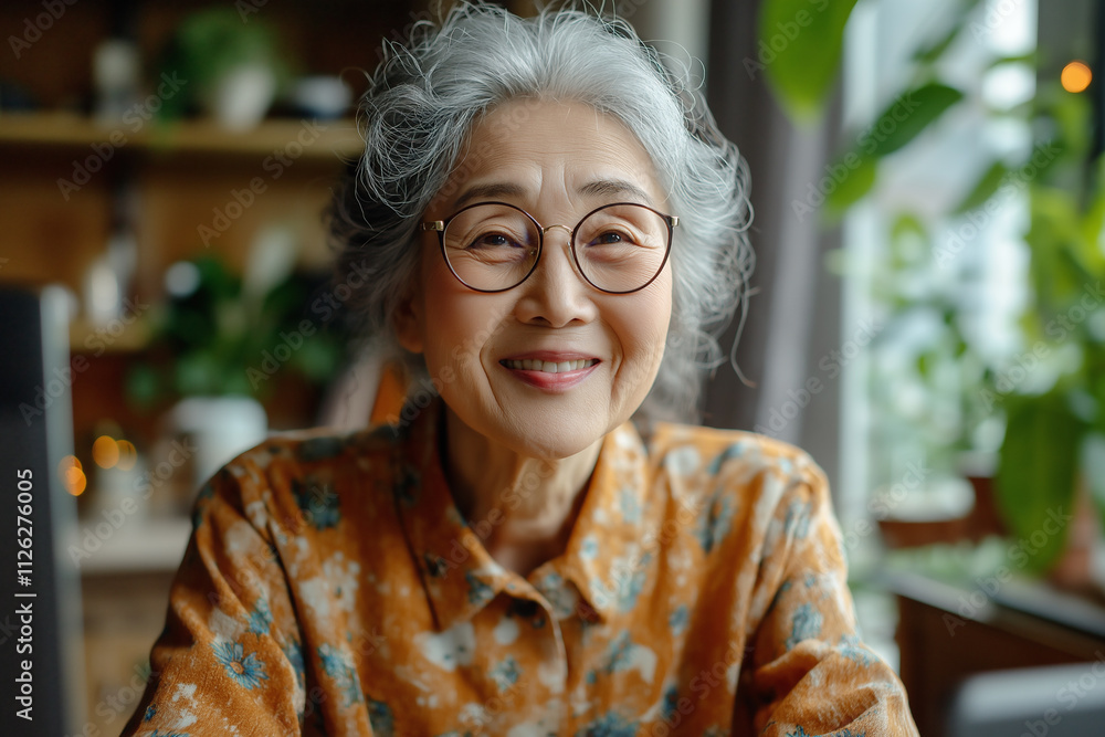 Smiling elderly woman with gray hair enjoying a cozy indoor setting. Generative AI Smiling elderly woman with gray hair enjoying a cozy indoor setting. Generative AI