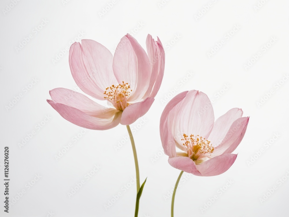 Naklejka premium Two pink cosmos flowers bloom against a white background