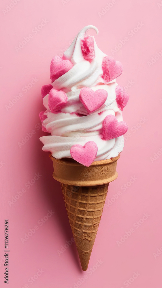Vertical shot of ice cream with heart shaped confetti on light pink background. Ice cream dessert and other sweets as present on saint Valentine's Day. Love and romance. AI Vertical shot of ice cream with heart shaped confetti on light pink background. Ice cream dessert and other sweets as present on saint Valentine's Day. Love and romance. AI
