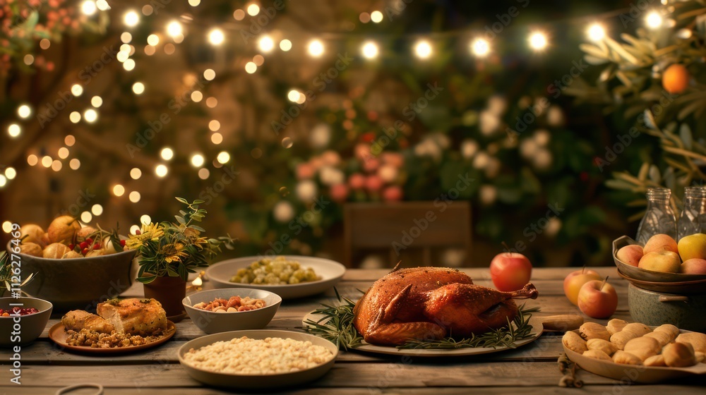 Thanksgiving Dinner Table with Roasted Turkey and Assorted Dishes Surrounded by Twinkling Lights and Lush Greenery in a Cozy Atmosphere Thanksgiving Dinner Table with Roasted Turkey and Assorted Dishes Surrounded by Twinkling Lights and Lush Greenery in a Cozy Atmosphere