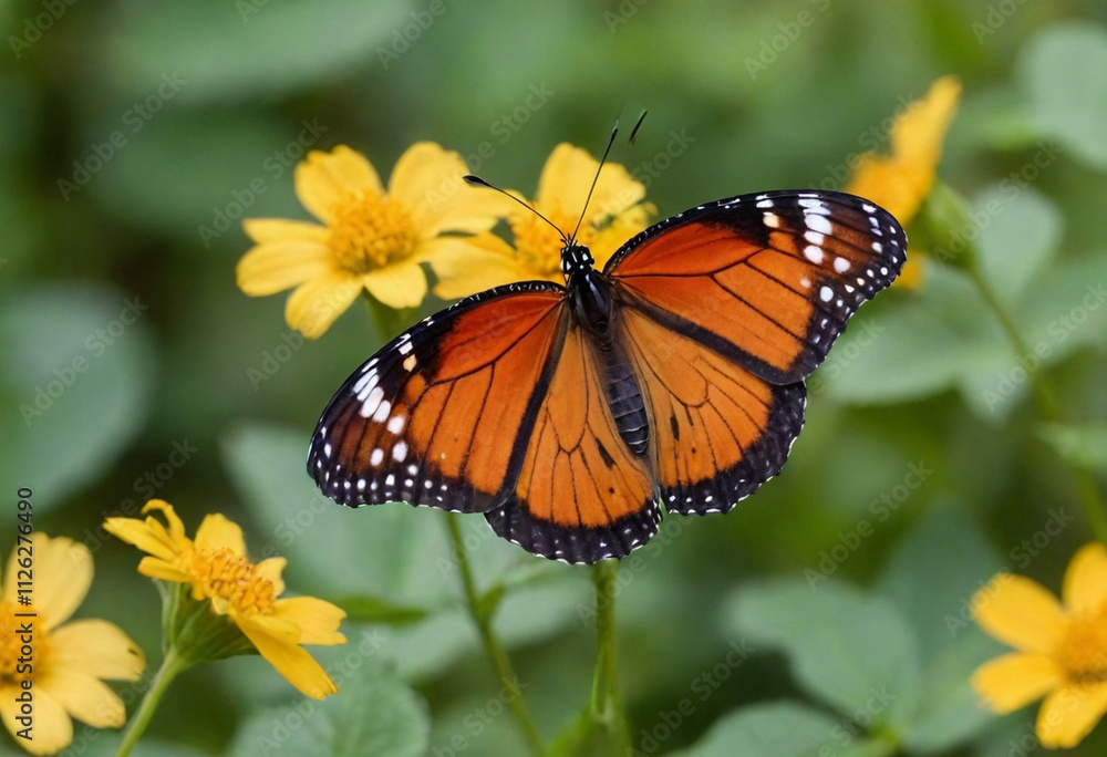 Monarch butterfly, vibrant orange wings, black veins, white spots, yellow flowers, green leaves, soft focus background, macro photography, detailed wings, nature close-up, delicate insect, pollinator, Monarch butterfly, vibrant orange wings, black veins, white spots, yellow flowers, green leaves, soft focus background, macro photography, detailed wings, nature close-up, delicate insect, pollinator,