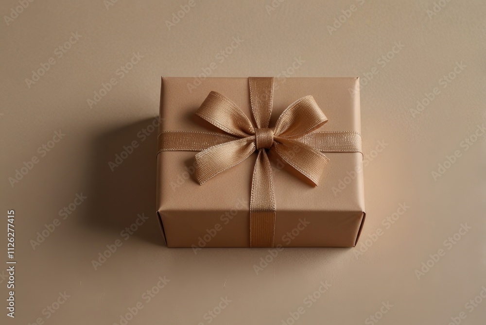 Elegant gift box with brown ribbon on neutral background Elegant gift box with brown ribbon on neutral background