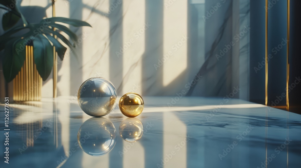 Sunlit Spheres: Reflective gold and silver spheres resting on a polished marble surface, bathed in warm sunlight. A minimalist still life evoking luxury and serenity. Sunlit Spheres: Reflective gold and silver spheres resting on a polished marble surface, bathed in warm sunlight. A minimalist still life evoking luxury and serenity.