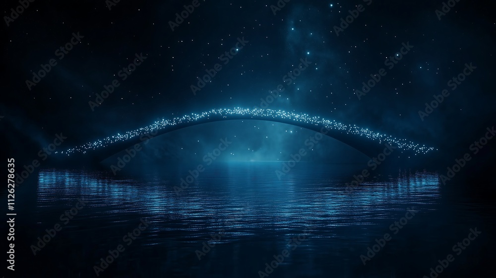 Obraz premium Glowing arch bridge river reflection, starry night sky, fantasy, dark background wallpaper illustration