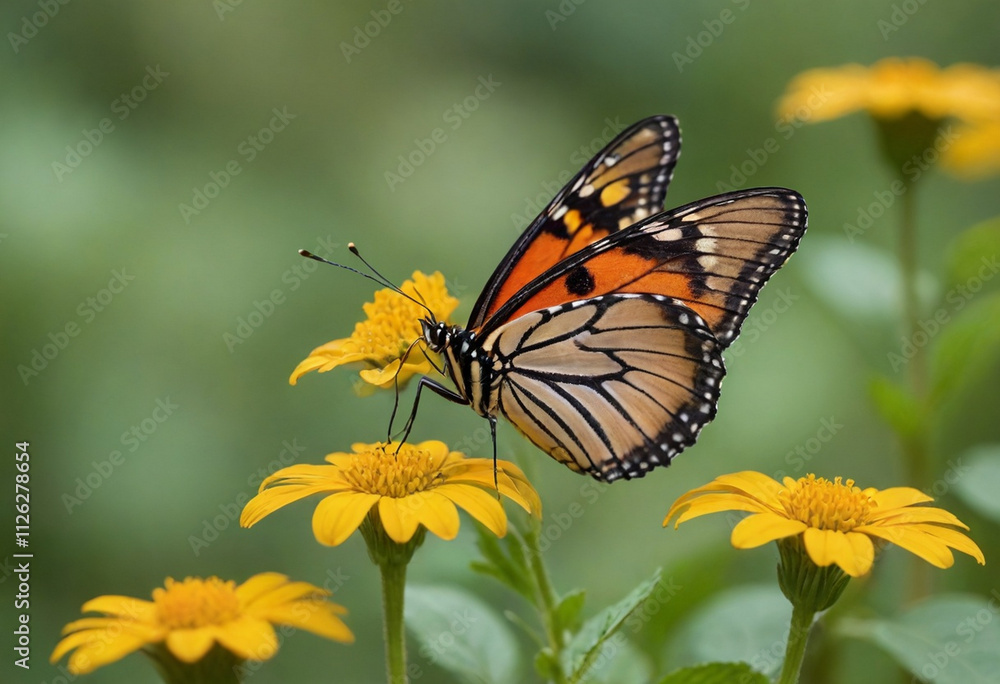 Obraz premium Monarch butterfly, vibrant orange wings, black veins, white spots, yellow flowers, green leaves, soft focus background, macro photography, detailed wings, nature close-up, delicate insect, pollinator,