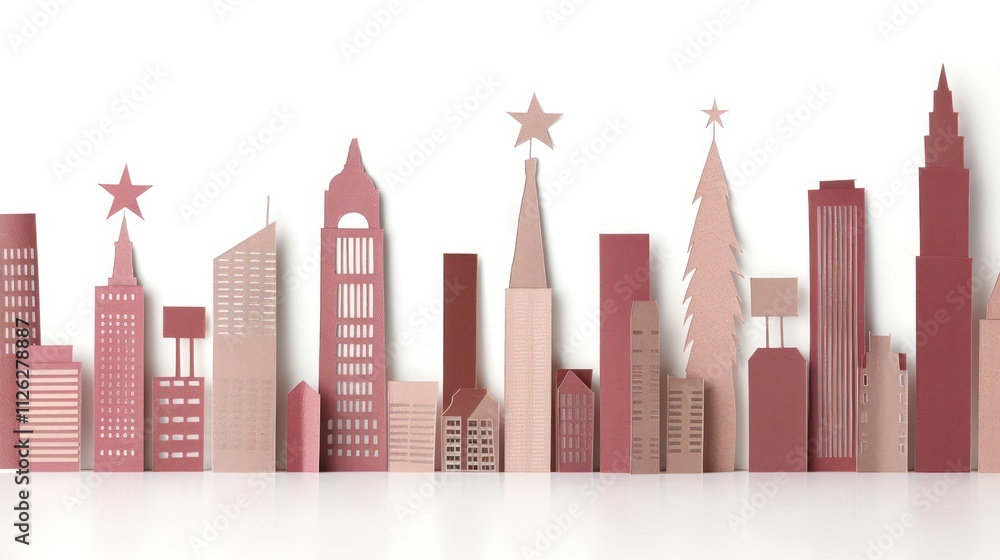 Obraz premium City Skyline Made of Paper Cutouts Featuring Stars, Trees, and Various Architectures in Soft Pink and Beige Tones for Holiday Celebrations and Artwork