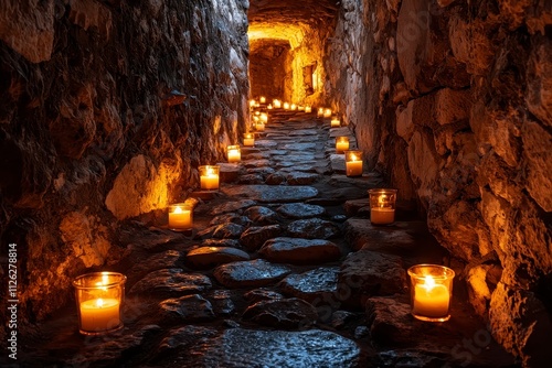 A dimly lit stone passageway lined with glowing candles, creating a serene and atmospheric ambiance.