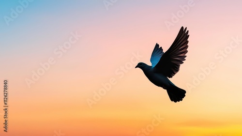 Silhouette of a person releasing a dove into the sky at sunset, symbolizing the spiritual farewell of a loved one, 3D render