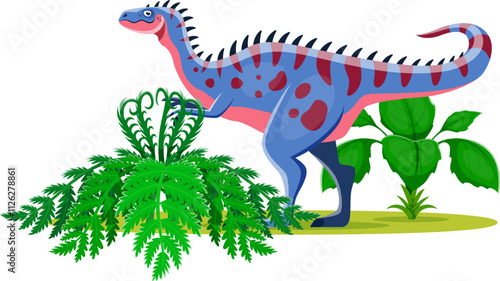 Alectrosaurus cartoon prehistoric dinosaur character. Isolated vector colorful dino in vibrant blue with red spots at lush landscape with ferns and plants. Vivid and playful prehistoric jurassic scene