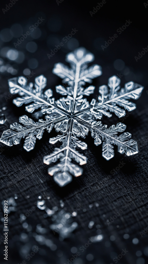 Fototapeta premium macro shot of a single snowflake on dark fabric