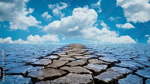 A cracked earth landscape under a bright blue sky with fluffy clouds, illustrating drought and environmental challenges.