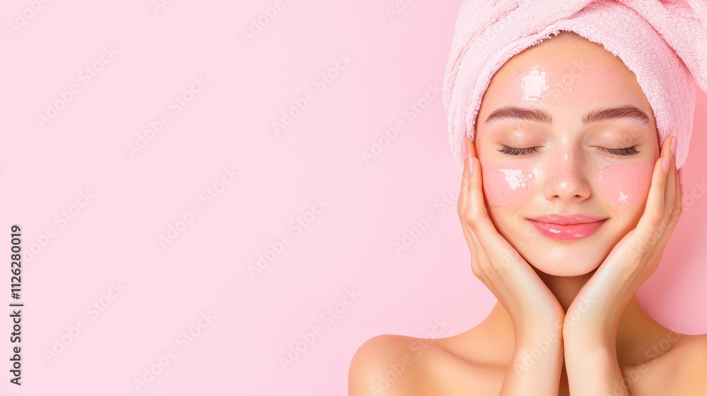 A serene young woman with a towel on her head enjoys a skincare treatment, radiating beauty against a soft pink background. A serene young woman with a towel on her head enjoys a skincare treatment, radiating beauty against a soft pink background.
