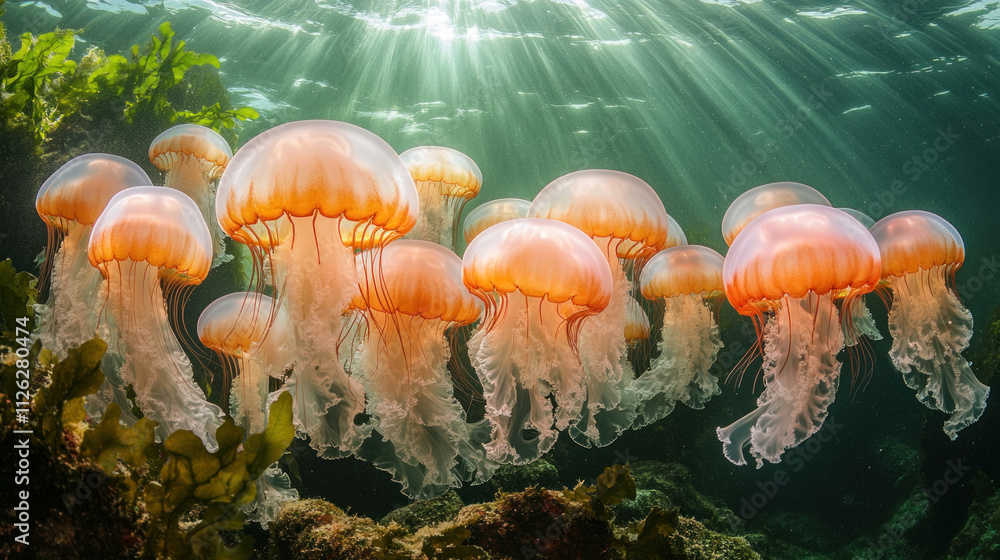 Fototapeta premium A school of jellyfish glowing ethereally in the deep ocean, illuminated by sunlight filtering through the water