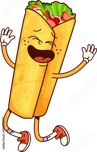 Fastfood groovy shawerma happy smiling character. Street menu shawerma or doner wrap funny funky character, durum or kebab cartoon isolated vector personage. Takeaway fast food cafe meal cute mascot