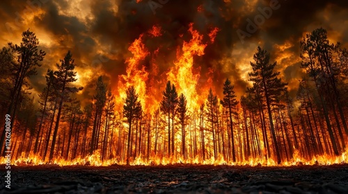 A dramatic forest fire engulfs trees with intense flames, creating a stark contrast against the dark, smoky sky.