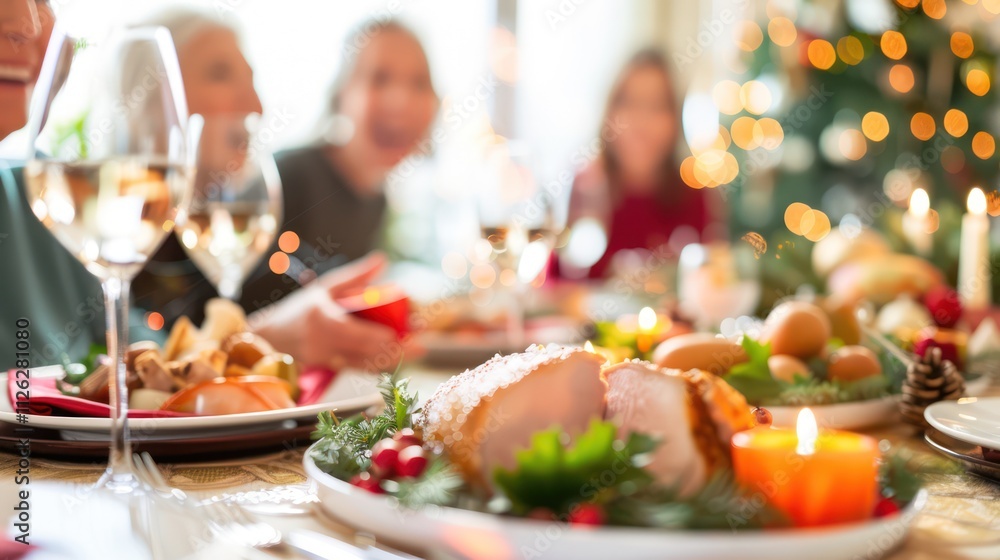 A joyful Christmas dinner gathering with family around a festive table filled with delicious food A joyful Christmas dinner gathering with family around a festive table filled with delicious food