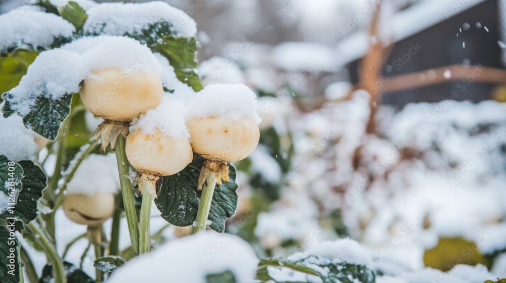 Snow covered rutabagas in a winter garden