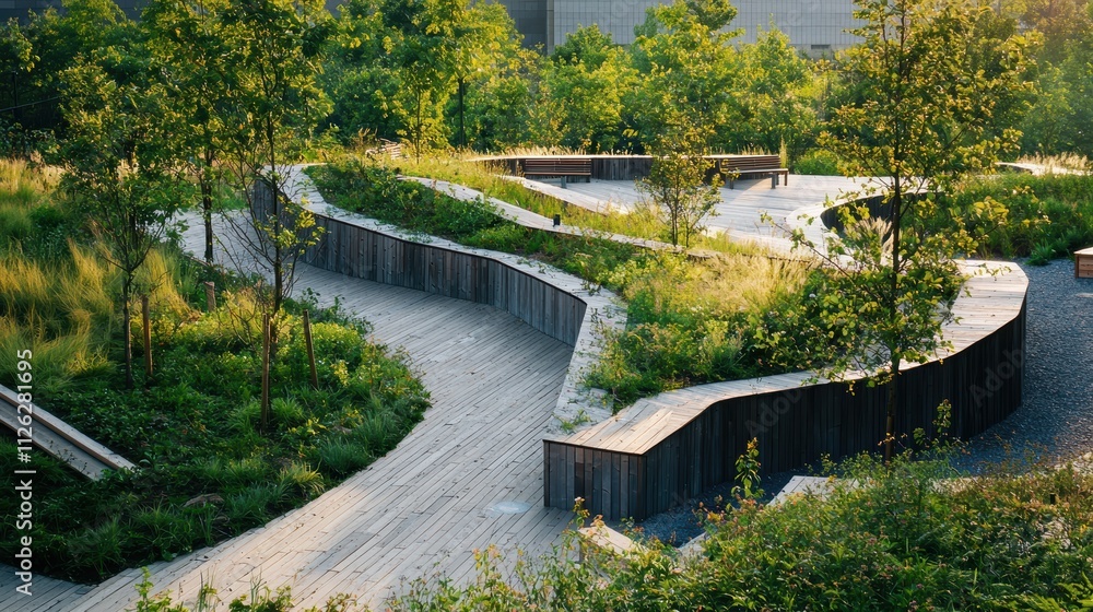 Serene Curved Path in Natural Landscape with Green Vegetation Serene Curved Path in Natural Landscape with Green Vegetation