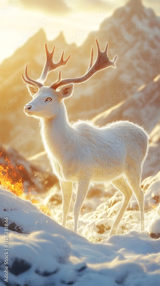 A majestic white deer with perfect antlers, in the mountains and beautiful fire effects A majestic white deer with perfect antlers, in the mountains and beautiful fire effects