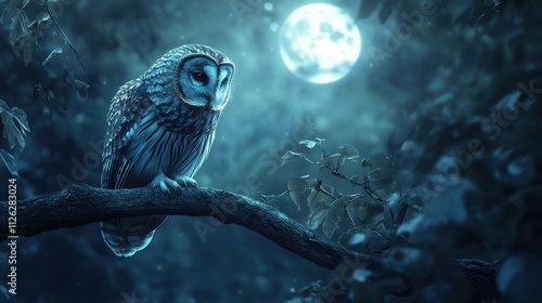 Majestic owl perched on branch under full moon. (4) photo